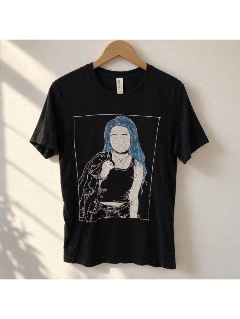 Bella + Canvas Black Graphic T-Shirt Blue Hair Woman Illustration Size Small